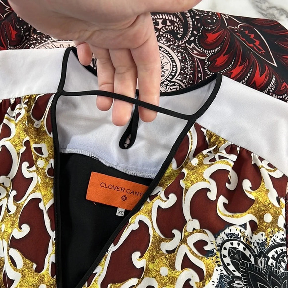 Clover Canyon Dress Womens XS Red Blue Printed Bubble Sleeve Mini V Neck - Picture 11 of 11